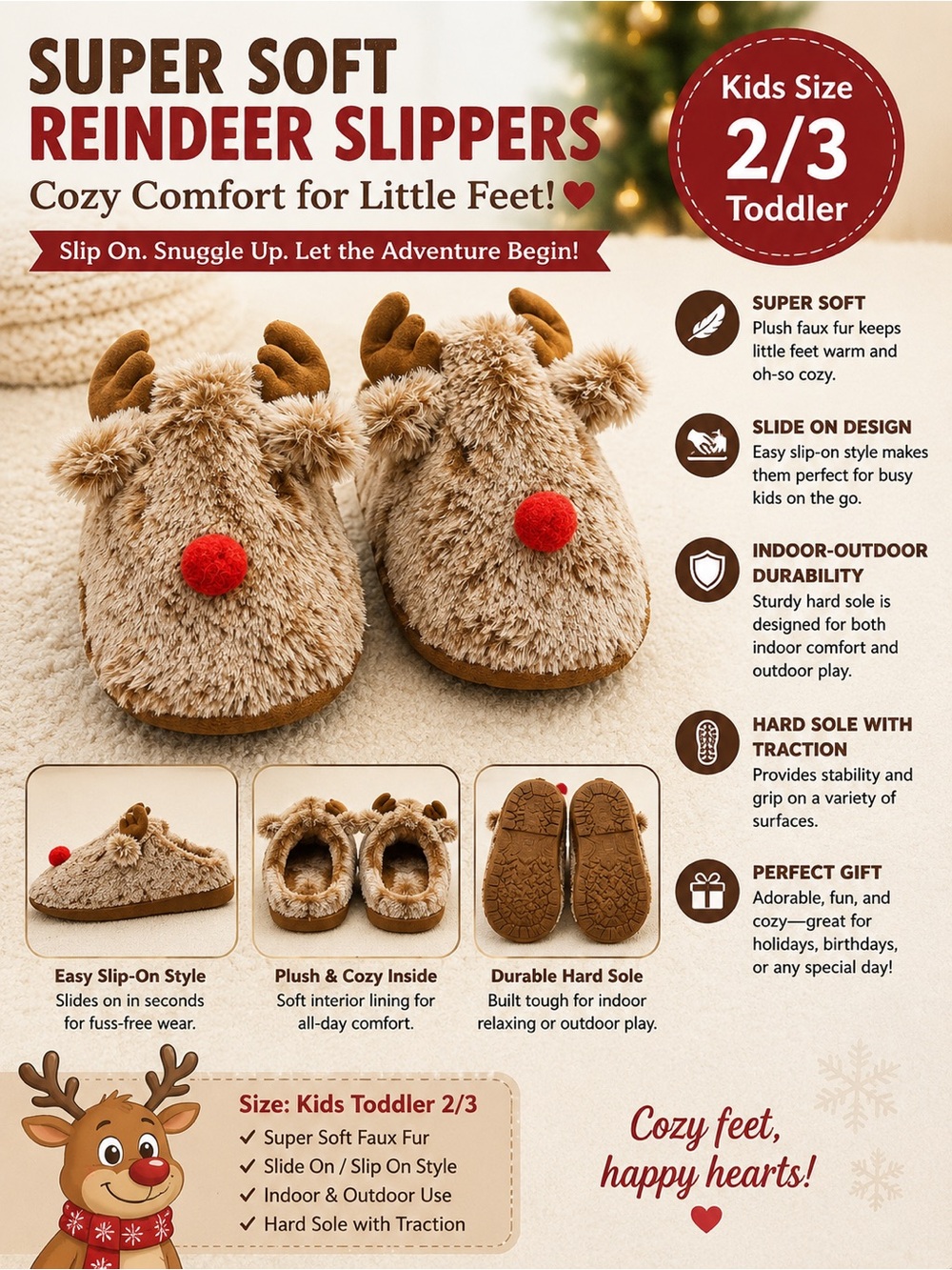 Wondershop Brown Reindeer Kids Slippers with Red Nose